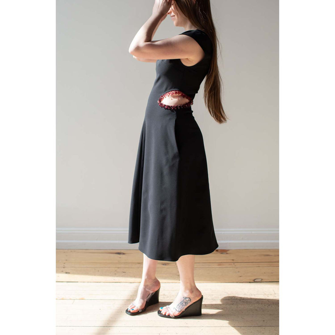 Nomia Midi Dress with Jewel Cutout in Black