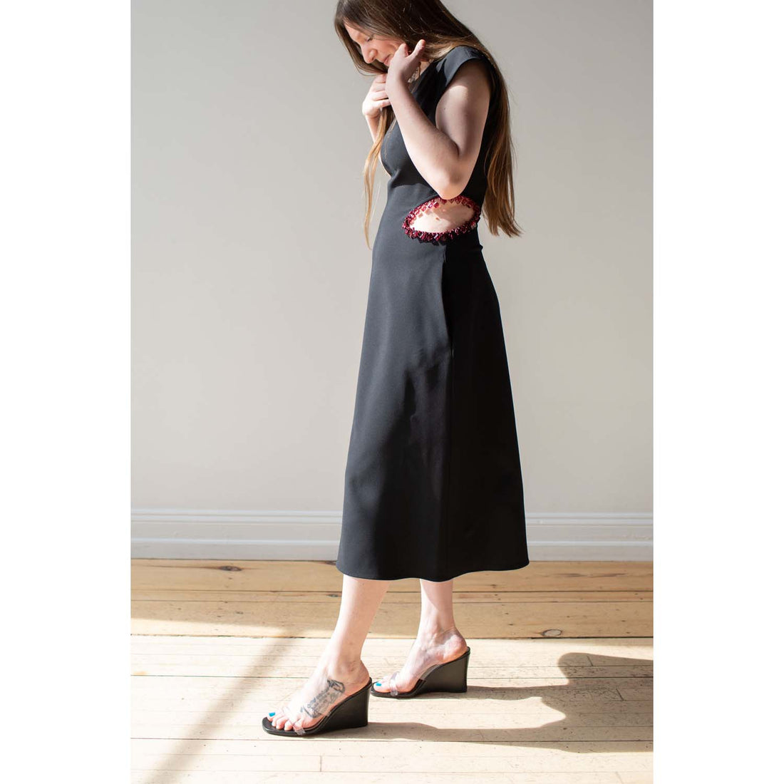 Nomia Midi Dress with Jewel Cutout in Black