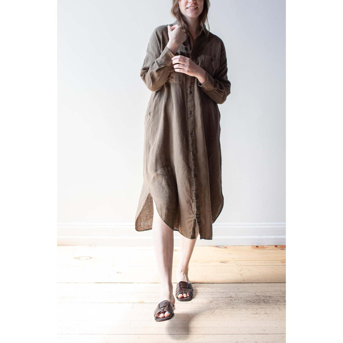 Ichi Antiquités Linen Canvas Overdye Dress in Khaki