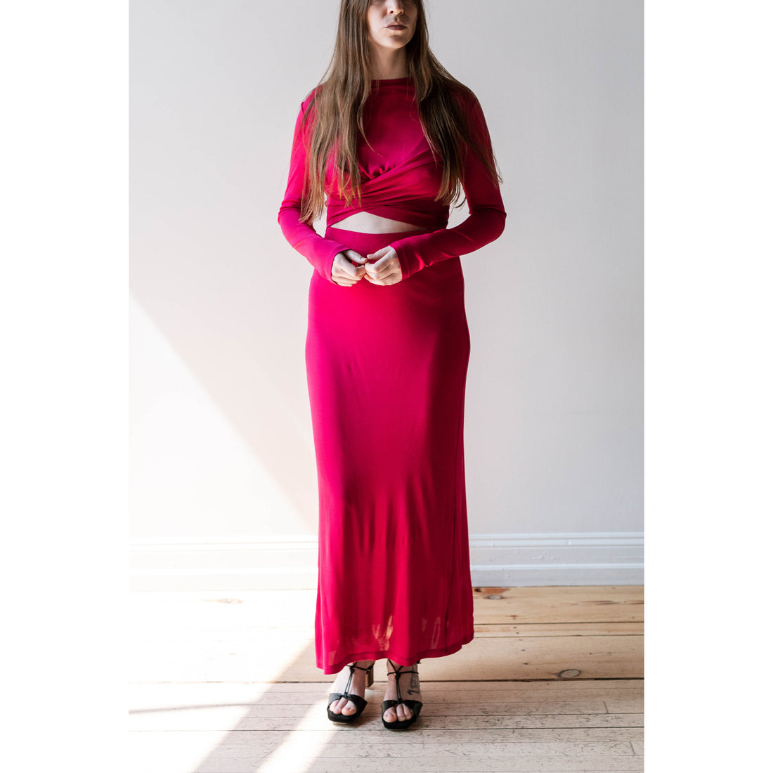 Nomia Draped Cross Front Maxi Dress in Magenta