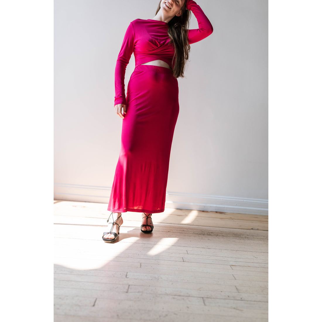 Nomia Draped Cross Front Maxi Dress in Magenta