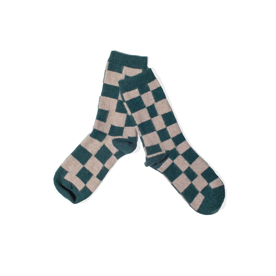 Hansel From Basel Dash Checkered Cashmere Crew in Forest Green