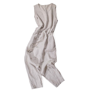 Ichi Antiquités Linen Canvas Sleeveless Jumpsuit in Natural