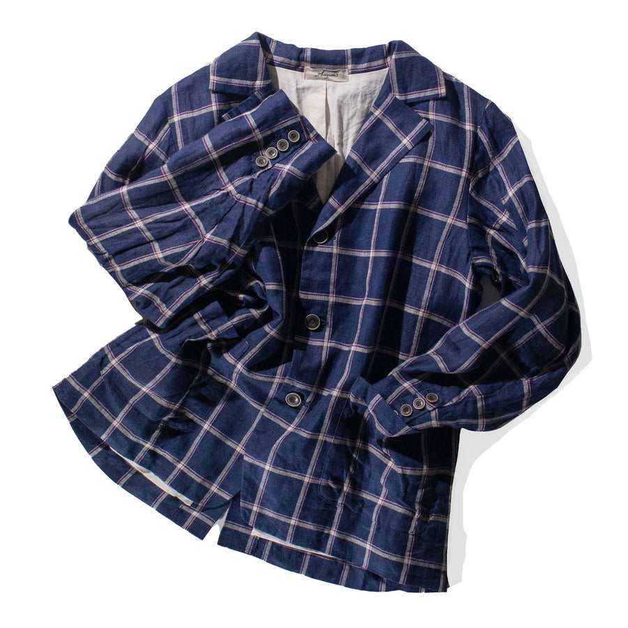 Ichi Antiquités Linen Check Jacket in Navy