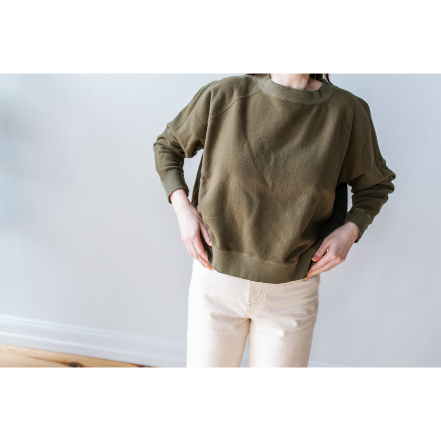 JUDITH Boxy Raglan Crew in Olive Green