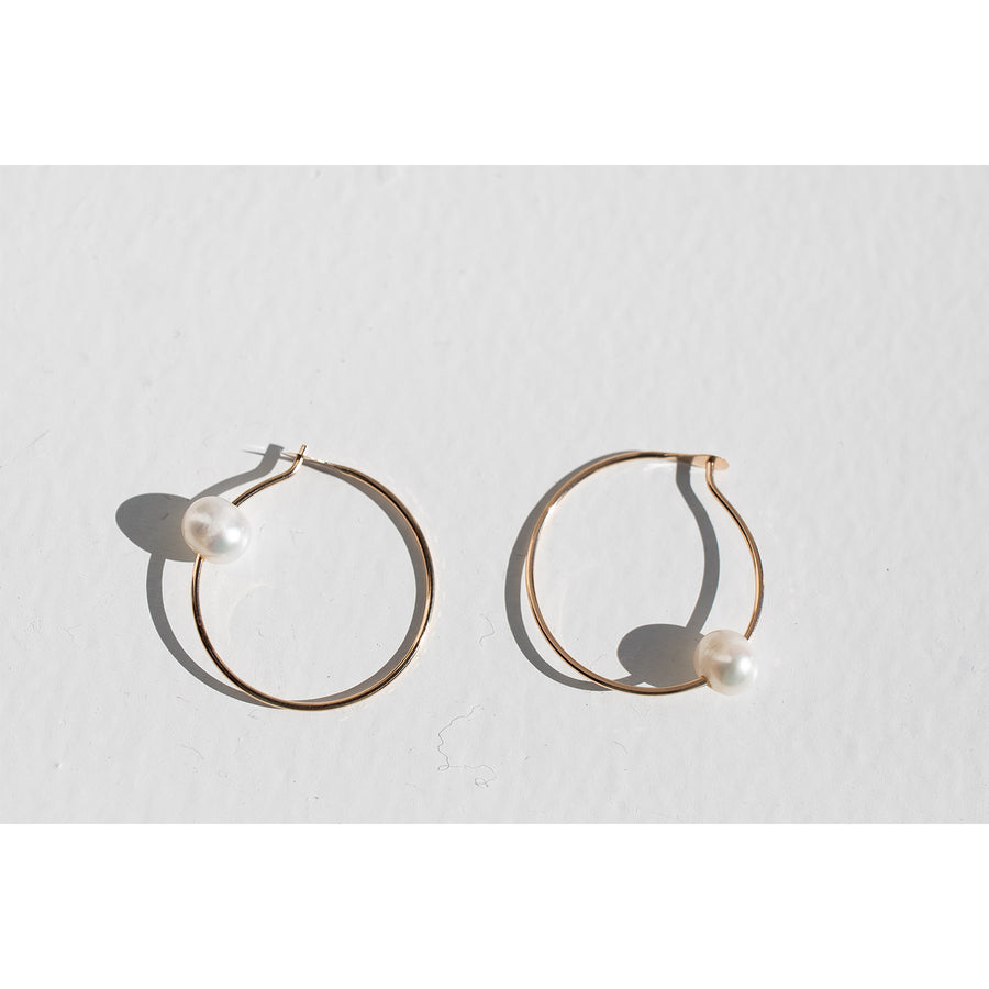 Melissa Joy Manning Large 14K Gold Hoops with Floating Single Pearl